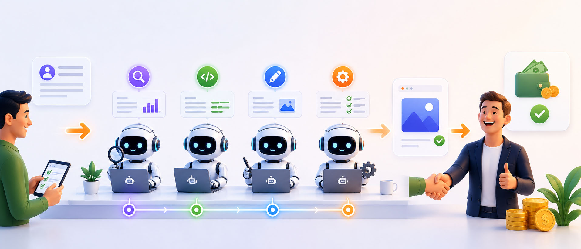 Tim AI Agents bekerja secara paralel — riset, coding, automasi, konten, support
