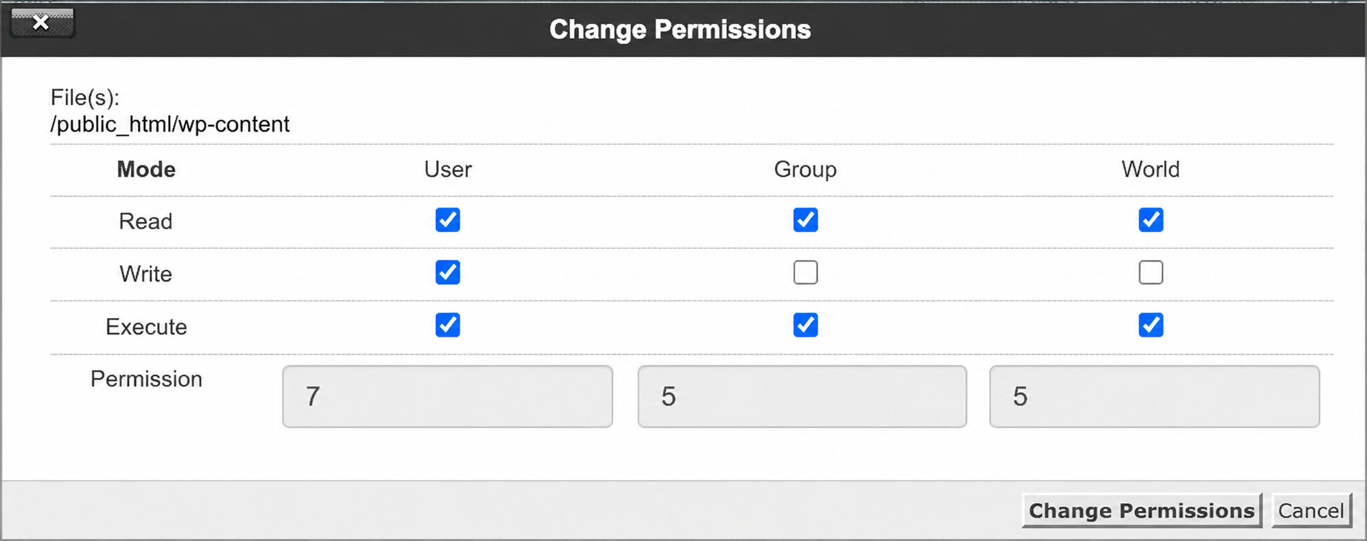 Pengaturan file permission 755 di cPanel untuk folder wp-content WordPress